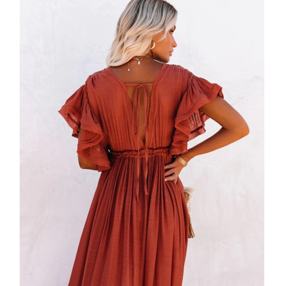 ANIKA POCKETED BUTTON DOWN RUFFLE MAXI DRESS - TERRACOTTA